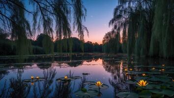 Water Lilies Floating on a Tranquil Pond at Dusk with Trees photo
