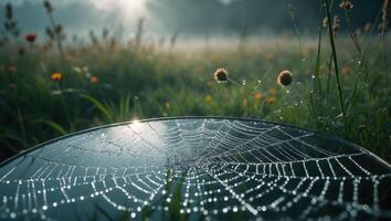 Spiderweb Covered in Dew Drops in a Foggy Field photo