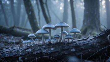 Mushroom Cluster Growing on Log in Misty Forest Setting photo