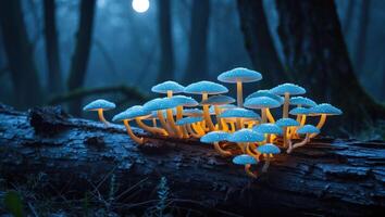 Glowing Mushrooms on Log in Forest at Night with Misty Background photo