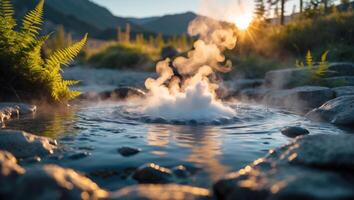 Steaming Hot Spring at Sunset with Ferns and Mountain View photo
