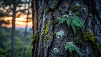 Tree Bark Texture with Moss and Ferns in Forest at Sunset photo
