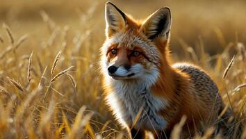 Fox in Tall Grass Looking Left with Golden Light photo