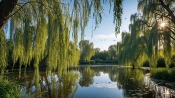 Tranquil Pond Scene with Weeping Willow Trees and Sky Reflection photo