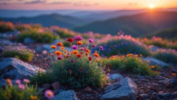 Wildflowers Blooming on Mountain Slope at Sunset with Hazy Horizon photo