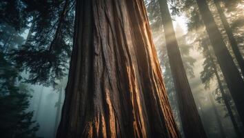 Towering Redwood Tree Trunk with Sun Rays in Forest Scenery photo