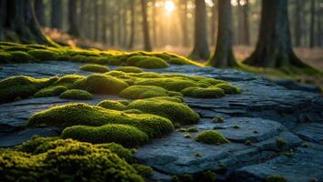 Moss Covered Rock in Forest with Sunlight Streaming Through Trees photo
