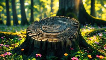 Sunlit Tree Stump in Forest Clearing with Wildflower Ground Cover photo