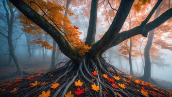 Large Rooted Tree with Colorful Autumn Leaves in Foggy Forest photo