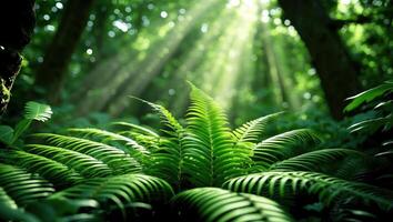 Fern Growing in Forest with Sun Rays Breaking Through the Trees photo