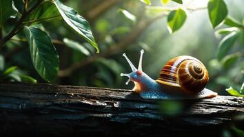 Snail Crawling on Log in Forest with Sunlight Streaming Through photo