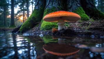 Orange Mushroom Reflecting in Water Near Mossy Tree in Forest photo