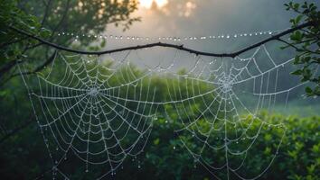 Spiderweb Covered in Dew Drops Hanging on a Tree Branch photo