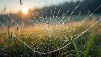 Spiderweb at Sunrise with Dew Drops on Grass in Field photo