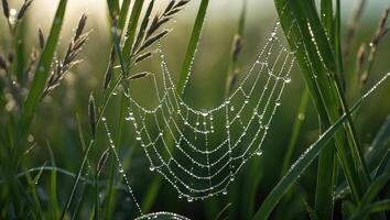 Spiderweb Covered in Dew Drops in Field of Green Grass photo