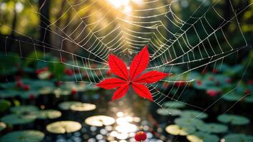 Red Leaf on Spider Web Over Pond with Lily Pads photo