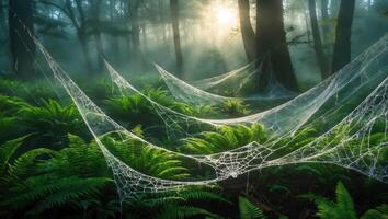 Spiderweb in Lush Green Forest with Sunlight Filtering Through Trees photo