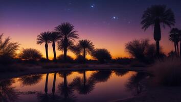 Palm Tree Silhouette Reflected in Calm Pond at Twilight Scene photo