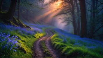 Path Through Bluebell Meadow at Dawn with Fog and Sunbeams photo