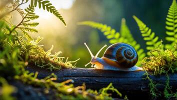 Snail Crawling on Log with Ferns and Moss in Sunny Forest photo