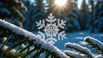 Snowflake Close-up on Snowy Branch with Winter Forest Background photo