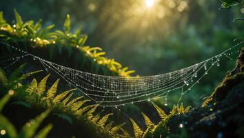 Spiderweb Covered in Dew Drops in a Lush Green Forest photo