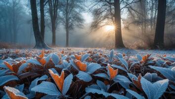 Frosty Leaf Covered Forest Floor with Sunlight Streaming Through Trees photo