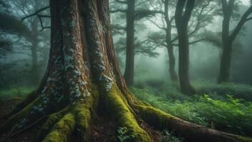 Exploring a Foggy Forest with a Massive Tree Trunk photo