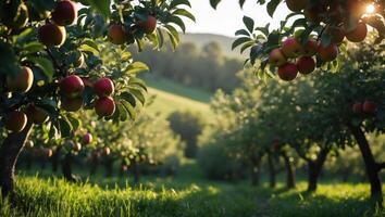 Ripe Apples Hanging on Branches in Orchard at Sunset photo