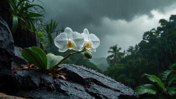 Orchid Bloom on Dark Rock in Rainforest During Rainfall photo