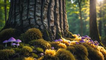 Purple Mushrooms Growing at Base of Tree in Forest Setting photo