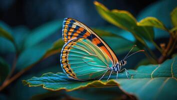 Colorful Butterfly Resting on Leaf with Detailed Wing Patterns Macro photo