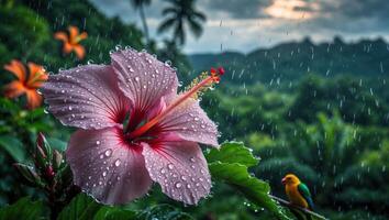 Hibiscus Bloom in Rain with Tropical Forest and Bird Perched photo