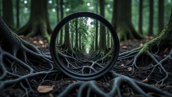 Exploring Forest Through Lens Revealing a Root Covered Path Scene photo