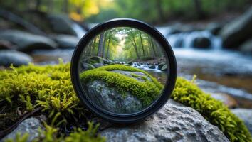 Focusing on Forest Stream Landscape Through Circular Lens Filter View photo