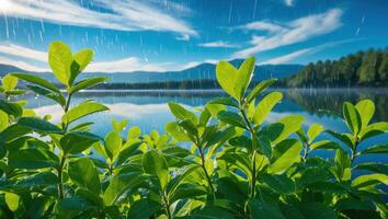 Rain Falling on Green Plants with Lake and Mountains Backdrop photo