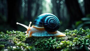 Snail Crawling on Moss in a Forest with Soft Lighting photo