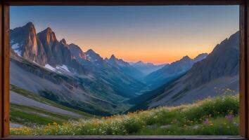 Viewing Mountain Range Landscape Through a Rustic Window Frame at Sunset photo