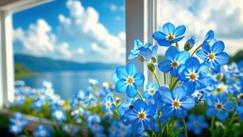 Blooming Blue Flowers Near Window Overlooking Serene Lake and Mountain View photo