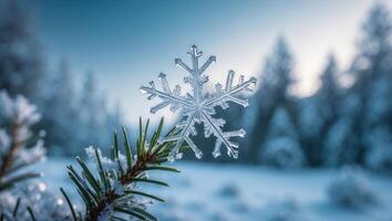 Snowflake Resting on Pine Branch with Blurred Winter Forest Backdrop photo