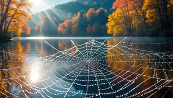 Spiderweb Covered in Dew Over Lake with Fall Foliage Reflection photo