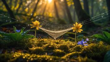 Spiderweb with Dewdrops Hanging Between Flowers in a Forest Glade photo