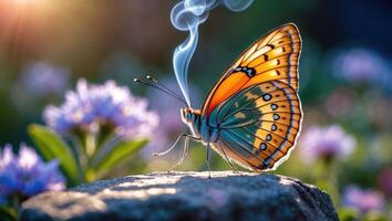 Butterfly Resting with Smoke Effect and Sunlit Flower Garden Backdrop photo