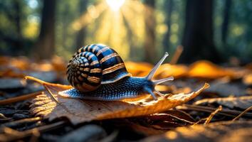 Snail Crawling on Leaf in Forest with Sun Shining Through Trees photo