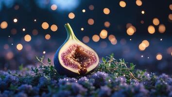 Fig Half Lying on Flowers with Sparkling Lights Background photo