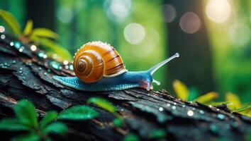 Snail Crawling on Log in Forest with Dreamy Lighting Effect photo