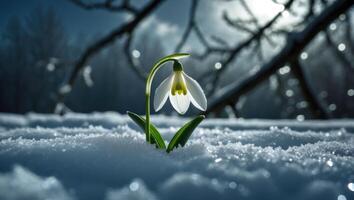 Snowdrop Flower Emerging Through Snow a Symbol of Springtime photo