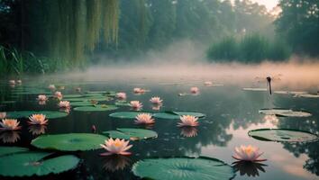 Water Lilies Floating on Pond with Mist and a Dragonfly Flying photo