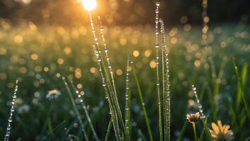 Dew Drops on Grass Sparkling in Early Morning Sunlight Scenery photo