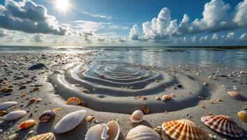 Seashells and Ripples on Sandy Beach with Blue Sky and Clouds photo